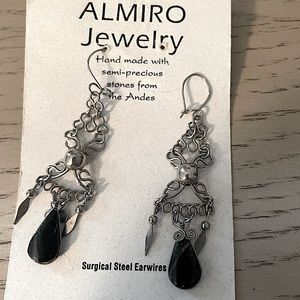 Handmade Silver and Onyx one of a kind dangle earrings with closable clasp